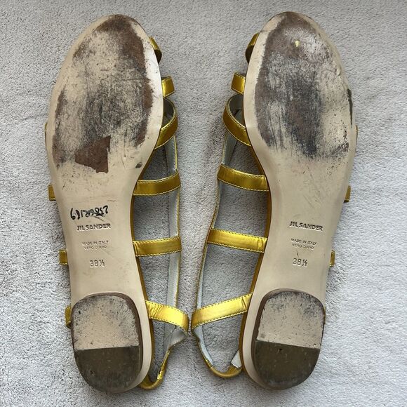 Jil Sander Metallic Gold Cage Peep-Toe Slingback Flat Sandal Women 38.5 US 7.5 - Picture 11 of 13